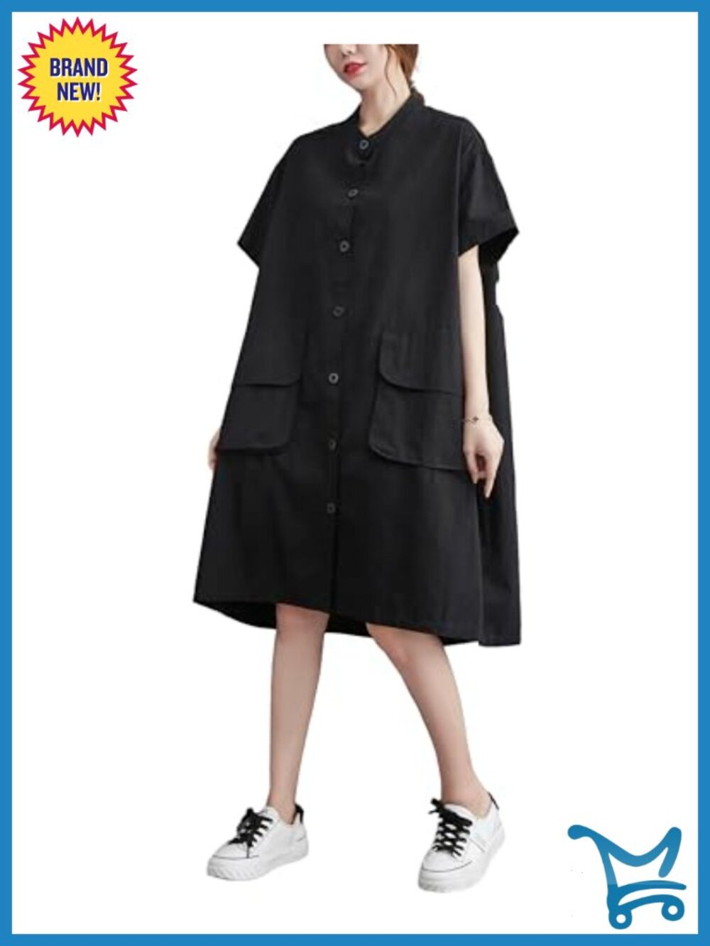 Womens Short Sleeve Button Down V-Neck Shirt Dress Flowy A-Line Cotton